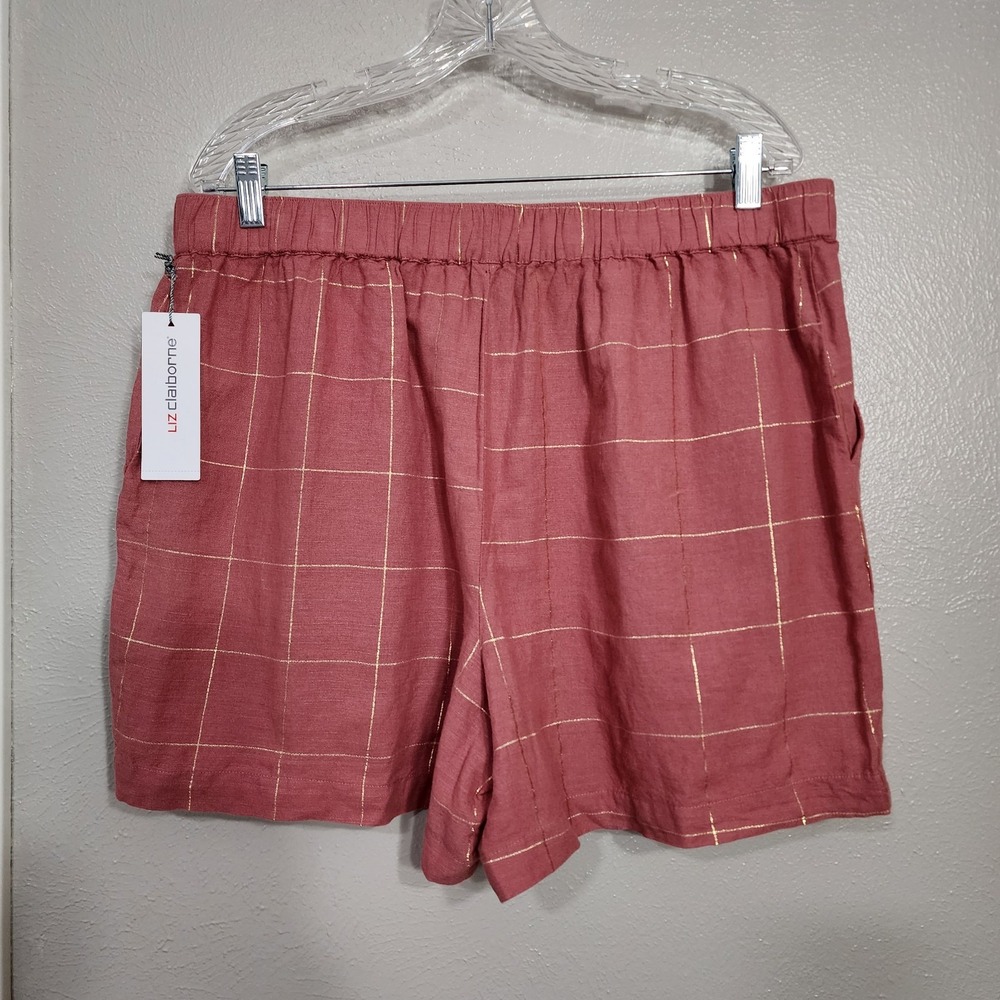 Liz Claiborne Size 14‎ Women's Rose Linen Blend Shorts Windowpane Plaid Summer - Picture 2 of 9